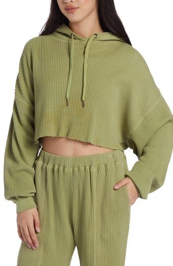 Cropped, boxy and left with a raw hem, this waffle-knit hoodie is just what you need to unwind after a few gnarly runs on the halfpipe. 18 1/2" length (size medium) Drawstring hood 60% cotton, 40% polyester Machine wash, dry flat Imported Chloe Kim, Hoodie Green, Crop Hoodie, Knit Hoodie, Off Duty, Waffle Knit, Cropped Hoodie, Raw Edge, Roxy