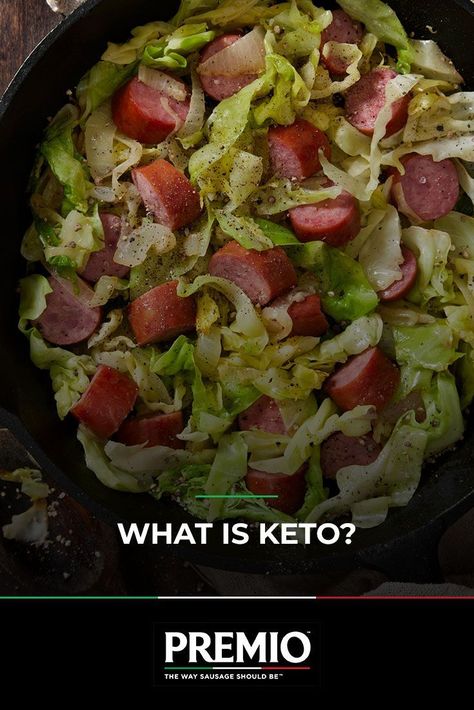 Ketogenic, or “keto,” is a type of low-carb diet. The goal is to cut back on easily digestible carbs from white bread, pastries, sugar, soda and similar foods. Instead, you consume calories from protein and fat. With a keto diet, it’s important to limit trans fats and highly-processed foods. Instead, focus on low-carb, healthy high-fat foods such as eggs, dairy, meats, low-carb veggies and sugar-free drinks. #Premio #Keto #KetoRecipes #Ketogenic #KetoFoods #Diet #KetoDiet #LowCarb #EasyDinner Cabbage Jambalaya, Cabbage And Sausage Skillet, Keto Cabbage Recipe, Sausage Jambalaya Recipe, Sausage And Cabbage, Cabbage Skillet, Keto Cabbage, Gourmet Sausage, Sausage Skillet