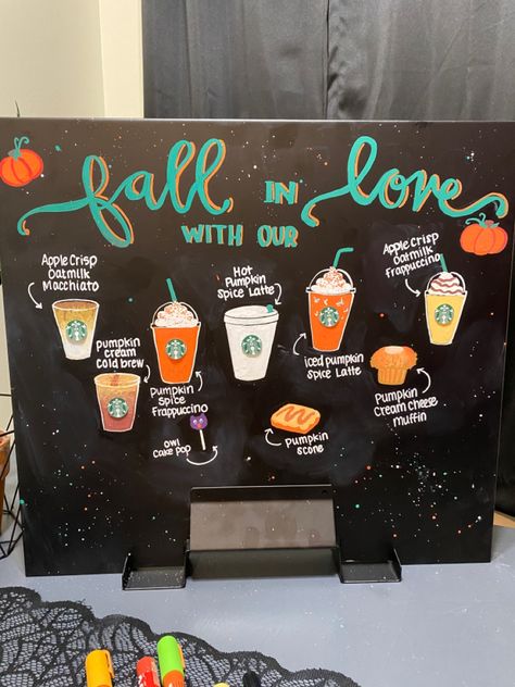 Starbucks chalkboard art fall pumpkin spice Fall Drinks Chalkboard, Pumpkin Spice Board Starbucks, Starbucks Signs Chalk Fall, Fall Coffee Sign Ideas, Starbucks Fall Board, Fall Drink Chalkboard, Fall Coffee Board, Fall Chalkboard Art Starbucks, Chalkboard Art Coffee Shop