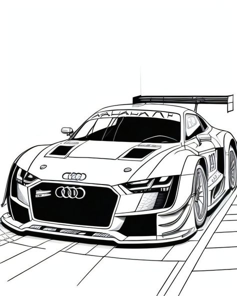 Black And White Car Drawing, Easy Car Sketch, Audi R8 Drawing, Audi Drawing, Audi Tattoo, Race Car Drawing, Car Drawing Sketches, Car Black And White, Simple Car Drawing