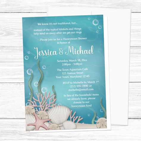 "Under the sea themed Honeymoon Shower invitations designed with a sandy seabed, and assorted seashells, coral, kelp, and a water background design. Your Honeymoon Shower details are printed in white over the water background. These beach themed invitations are great for couples want to celebrate their wedding shower together and raise money for their honeymoon. * PRICING and QUANTITY options are available in the \"Select Quantity\" menu. * Kindly ignore the \"Only 1 available\". Invitations are Under The Sea Invitations, Under The Sea Wedding, Under The Sea Invites, Underwater Illustration, Honeymoon Shower, Underwater Design, Personalized Wedding Details, Aquarium Wedding, Baby Shower Invitations Design