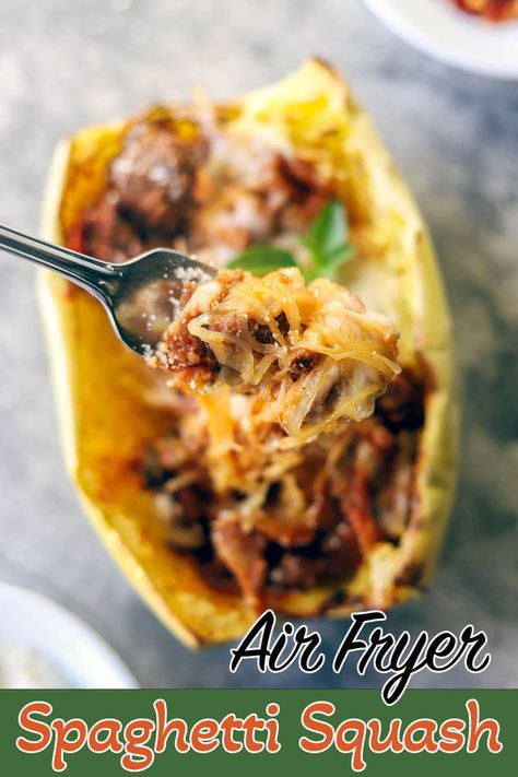 Spaghetti squash with red sauce & cheese Air Fryer Stuffed Spaghetti Squash, Spaghetti Squash Air Fryer Recipes, Air Fryer Spaghetti Squash, Air Fryer Spaghetti, Assyrian Recipes, Healthy Pasta Alternatives, Spicy Pumpkin Seeds, Healthy Spaghetti, Spaghetti Squash Recipe