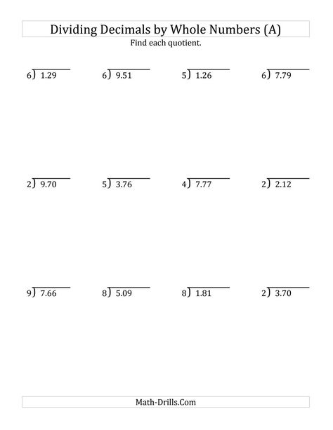 The Dividing Hundredths by a Whole Number (A) Math Worksheet from the Decimals Worksheets Page at Math-Drills.com. Decimal Division, Math Division Worksheets, 6th Grade Worksheets, Integers Worksheet, 5th Grade Worksheets, Multiplying Decimals, Dividing Decimals, Math Decimals, Math Practice Worksheets