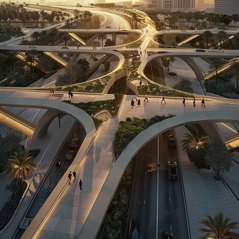 shaded footbridge for pedestrians crossing over highway in dubai, futuristic, should look like an x from top, bridge should have people walkings, few green plants and seatings, cinematic shot, golden hour Futuristic Highway, Futuristic City Utopia, Highway Architecture, Rooftop City, City Skylines Game, Streetscape Design, Sci Fi Architecture, Eco City, City Layout