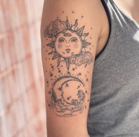 Sun And Moon Tattoo Women Arm, Sun And Moon Tattoo Arm, Dainty Flower Tattoos, Tattoos Fine Line, Sky Tattoos, Night Tattoo, Sun Tattoo Designs, Tattoo Floral, Tattoo Japanese