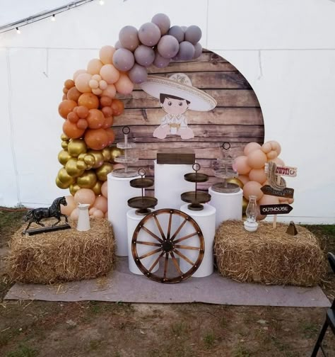 Western Bautizo Ideas, Bautizo Ideas Decoracion Charro, Charro Backdrop Ideas, Cowboy Baptism Ideas, Western Baptism Ideas, Western Bautizo, Charro Backdrop, Charro Birthday Party, Charro Theme Party For Boys