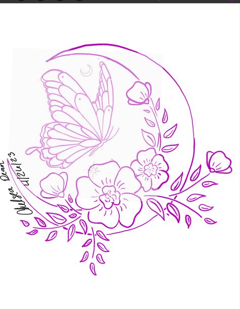 Moon Butterfly Tattoo Designs, Butterfly Moon Tattoo Design, Lotus Butterfly Tattoo Design, Drawing Floral Designs, Butterfly Moon And Stars Tattoo, Flowers With Butterflies Drawing, Womens Moon Tattoos, Butterfly And Moon Drawing, Tattoo For Your Mom Meaningful