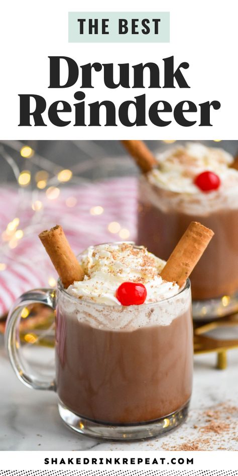 Chocolate Holiday Drinks, Drunken Rudolph Cocktail, Drunken Reindeer Drink, Reindeer Drinks Christmas, Chocolate Christmas Cocktails, Reindeer Shots, Drunken Rudolph Drink, Drunk Reindeer Drink, Tipsy Reindeer Cocktail