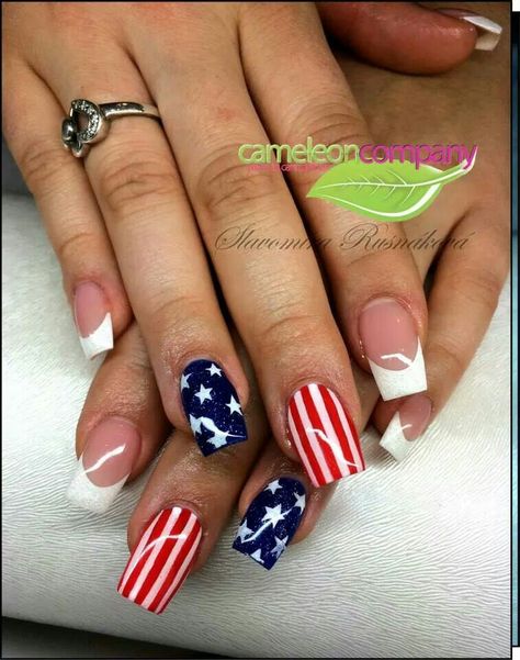 American Flag Nails with French tips! Nails Red Summer, American Flag Nails, Patriotic Nails Design, Flag Ideas, Flag Nails, Patriotic Nails, American Nails, Fourth Of July Nails, Bunny Nails