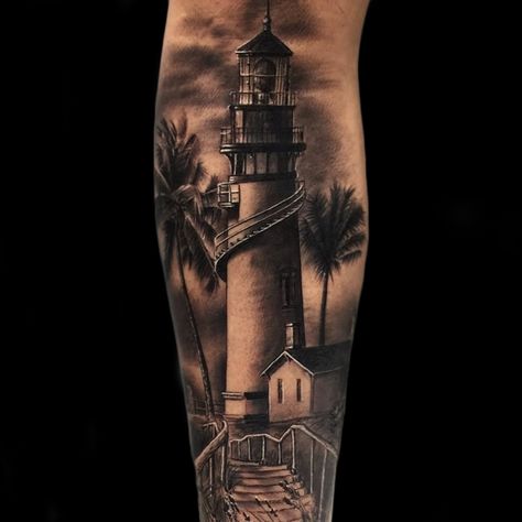 Lighthouse Tattoo Design Realistic, Realistic Lighthouse Tattoo, Light House Tattoo Design, Lighthouse Tattoo Men, Light House Tattoo, Lighthouse Tattoos, Nautical Tattoo Sleeve, Inner Bicep Tattoo, Catrina Tattoo