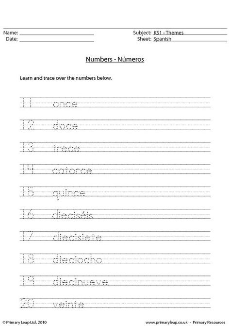 PrimaryLeap.co.uk - Spanish numbers 11 - 20 Worksheet French Printable, French Numbers, Spanish Numbers, Spanish Worksheets, French Worksheets, Language Worksheets, French Classroom, Word Problem Worksheets, Primary Resources