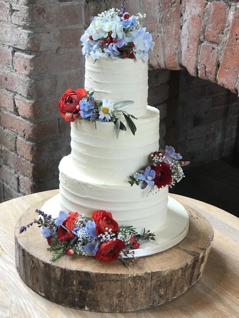 Wedding cake flowers #freshflowers #benthecakeman Marine Wedding Cake, Periwinkle And Red Wedding, Wedding Cake Red And Blue, Patriotic Wedding Cake, Dusty Blue And Burgundy Wedding Cake, Red White And Blue Wedding Decorations, Light Blue And Red Wedding Theme, Red And Blue Wedding Cake, Red White And Blue Wedding Cake