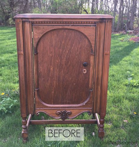 Radio Cabinet Makeover, Antique Upcycle, Antique Radio Cabinet, Vintage Radio Cabinet, Rustoleum Chalked, Rustoleum Chalk Paint, Repainting Furniture, Dark Grey Paint, Cabinet With Shelves