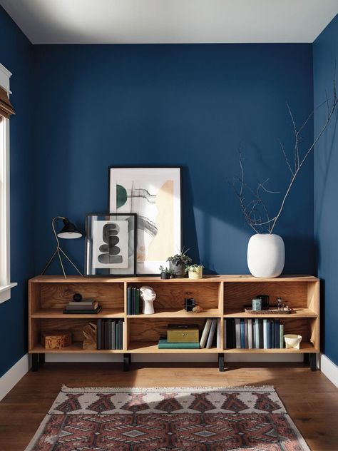 HGTV Home by Sherwin-Williams Announces 2021 Color Palette of the Year | HGTV Blue Office Color Scheme, Study Room Color Palette, Southwest Color Palette Living Room, Blue And Wooden Bedroom, Living Room Dark Blue Walls, Blue And Brown Interior Design, Dark Blue Office Ideas, Blue Wall Apartment, Dark Blue Wall Bedroom