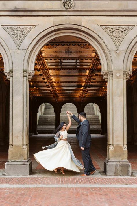 Indian Central Park Engagement Photos by NYC elopement photographer Sarah Sayeed Stone Pavilion, Central Park Engagement Shoot, Indian Engagement Photos, Nyc Shoot, Central Park Engagement Photos, Engagement Photos Indian, Indian Lengha, Engagement Photos Nyc, Bethesda Terrace