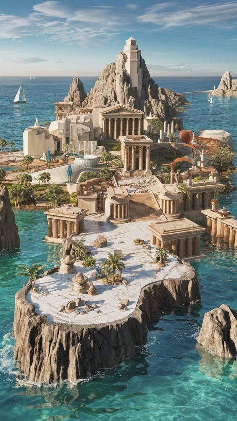 Reconstruction of what atlantis might have looked like in its heyday Lost Atlantis, Ancient Greek Architecture, Ancient Greece, Atlantis, Motion Design, Greece, Castle, Motion, Lost