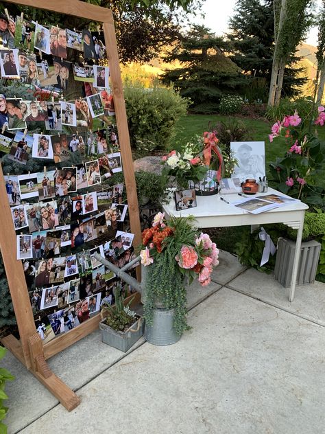 Outdoor Spring Reception Ideas, Wedding Photo Boards Display, Outdoor Party Entrance, Diy Grad Party Card Box Ideas, Senior Picture Display Grad Parties, Grad Party Cap And Gown Display, Outside Grad Party Ideas, Flower Graduation Party Decorations, Polaroid Graduation Party Ideas