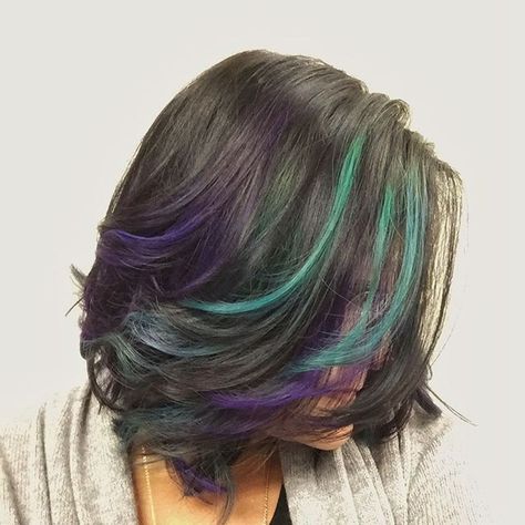 Got my #oilslick hair color last night! Now my new cut and color is complete.  @three13salonspa did an awesome job! Brown Hair Peekaboo Highlights, Brown Hair Peekaboo, Peekaboo Highlights Short Hair, Oil Slick Hair Peekaboo, Oil Slick Hair Color Light Brown, Oil Slick Hair Color Peekaboo, Dark Hair With Rainbow Highlights, Oil Slick Hair Color Brunettes Peekaboo, Turquoise And Purple Hair