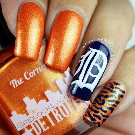 Luv these!My home state&city- #DETROIT #MICHIGAN #TIGERSBASEBALL #DETROITTIGERS BY #PICTUREMYNAILS #INSTAGRAM Detroit Tigers Nails, Tiger Nails, Detroit Tigers Baseball, Tigers Baseball, Detroit Michigan, Detroit Tigers, My Home, Cute Nails, Tigers