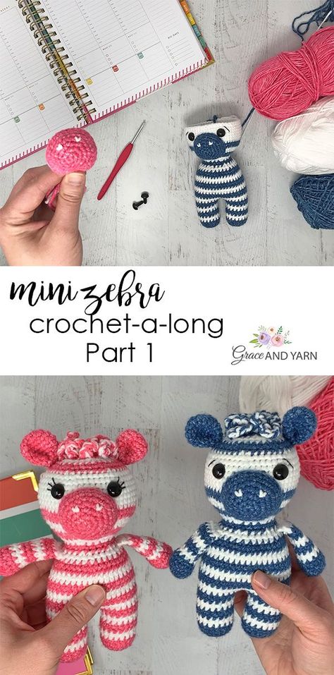 Join us for Part 1 of our Zebra CAL (crochet-a-long) where we'll make the legs, body and head (all as one piece)! Crochet One Piece Doll, Grace And Yarn, Crochet Cals, Cal Crochet, Crocheting Amigurumi, Crochet Zebra, Crochet Bee, Mini Crochet, Crochet Animals Free Patterns