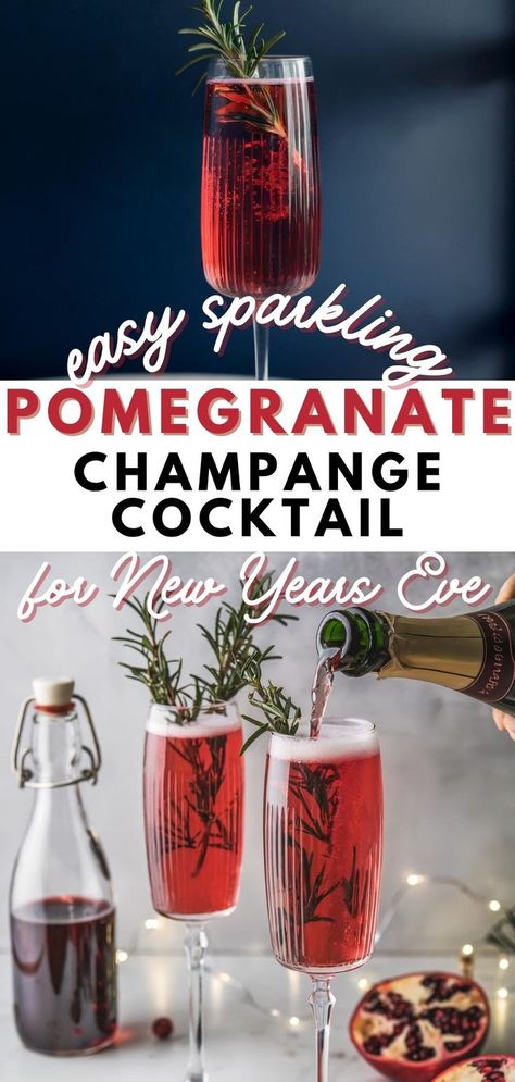 A chic champagne cocktails pomegranate drink served in a flute with holiday decorations in the background. Easy Nye Drinks, Nye Drinks, Pomegranate Cocktail Recipes, Pomegranate Recipe, Pomegranate Cocktail, Prosecco Drinks, Pomegranate Cocktails, New Year's Drinks, Cocktail Champagne