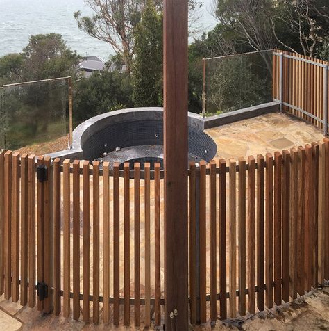 Timber Fencing Melbourne, Timber Fence Panels - Dolphin Fencing Timber Fencing Vertical, Curved Fencing Ideas, Curved Timber Fence, Curved Pool Fence, Timber Fence Ideas, Batten Fencing, Curved Fence, Timber Fence, Wooden Pool