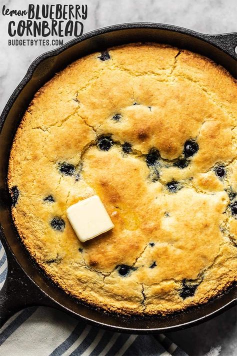 For a deliciously lazy weekend treat, whip up this super fast and easy Lemon Blueberry Cornbread Skillet. Great for breakfast, dessert, or coffee! Budgetbytes.com #breakfast #cornbread Cast Iron Skillet Cornbread, Cornbread Skillet, Iron Skillet Cornbread, Blueberry Cornbread, Cinnamon Honey Butter, Skillet Cornbread, Iron Recipes, Easy Skillet, Skillet Recipes