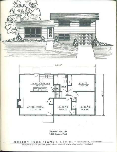 Simple split level plan from 1955 ... many of these homes were built in the late 50s and early 60s across the South ... this plan service was in Kingsport, TN Tri Level House Plans, Vintage House Plans 1950s, Tri Level House, Modern Home Plans, Split Level House Plans, Modern Ranch House, One Level Homes, Little House Plans, Small House Floor Plans