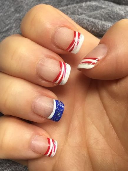 white and red French tips with a blue accent American French Tip Nails, 4th Of July French Nails, July 4th French Tip Nails, 4th Of July Firework Nails, Patriotic Fingernails, Easy 4th Of July Nails, Fourth Of July French Tip Nails, Patriotic Nails 4th Of July, Red White And Blue French Tip Nails