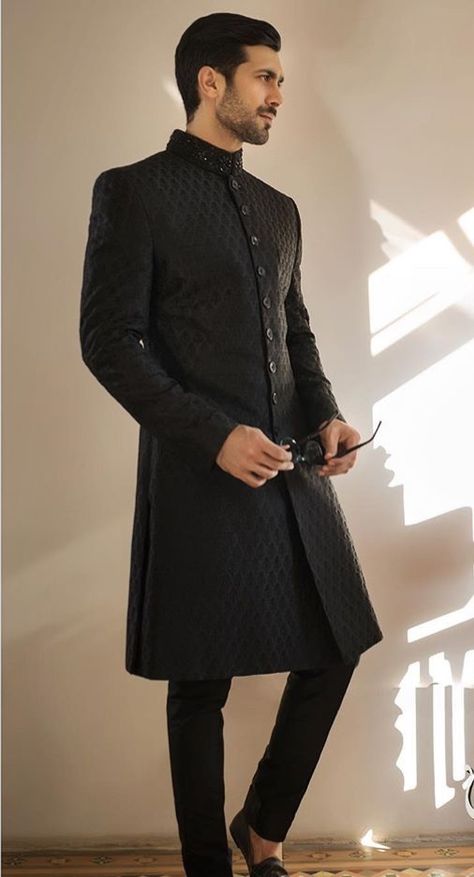 Men Suit Designs Indian Style, Black Ethnic Wear Indian Men, Modern Kurta For Men, Black Indowestern Men, Black Sherwani Men, Black Gharara, Black Sherwani, Indian Wedding Suits Men, Man Dress Design