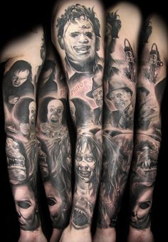 Horror movie theme Movie Character Tattoos, Horror Movie Tattoos, Halloween Villain, Movie Tattoo, Movie Tattoos, Tattoo Trend, Scary Tattoos, Tattoo Inspiration Men, Theme Tattoo