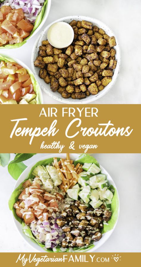 Tempeh Croutons, Air Fryer Tempeh, Salad Topping, Wedding Diet, Tempeh Recipes, Croutons Homemade, Salad Toppings, Eating Plan, Bowl Of Soup