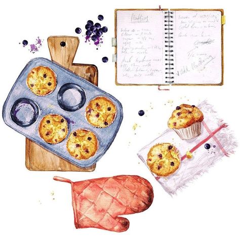 Baking Blueberry Muffins, Blueberry Muffins, Recipe Book, Watercolor Illustration, Muffins, Notebook, Baking