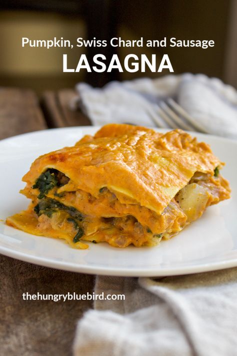 Pumpkin Sausage Lasagna ~ creamy layers of pasta, pumpkin parmesan cream, Swiss chard and sausage. #thehungrybluebird #pumpkinsausagelasagna #pumpkinlasagna #lasagnarecipes #pastabake #casserole #falldinnerrecipes Pasta Pumpkin, Pumpkin Pasta Bake, Greek Lasagna, Pumpkin Sausage, Pumpkin Lasagna, Savory Pumpkin, Sausage Lasagna, Pumpkin Pasta, Fall Comfort Food