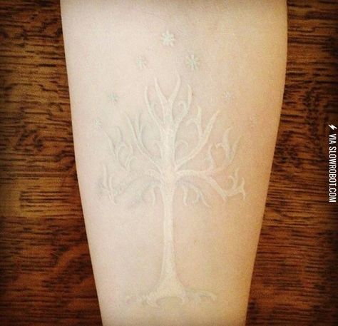 White Tree of Gondor tattoo done in white ink Gondor Tattoo, Tree Of Gondor Tattoo, Tattoo White Ink, Dark Skin Tattoo, White Tree Of Gondor, Tree Of Gondor, Black Men Tattoos, Lotr Tattoo, Tattoo White