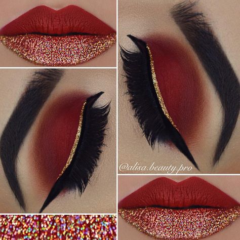 Red White And Gold Eye Makeup, Red Black And Gold Eye Makeup, Red And Gold Eye Shadow, Gold Eyeshadow And Red Lips, Gold Eye Red Lip, Glamor Makeup, Quinceanera Makeup, Cheer Makeup, Karma Chameleon