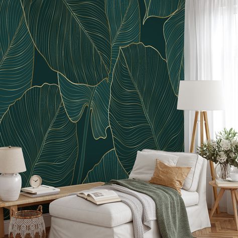 Green And Gold Leaf Wallpaper, Green Plant Wallpaper Bedroom, Peel And Stick Nature Wallpaper, Dark Green Wallpaper Accent Wall, Nature Wallpaper For Walls Interiors, Green Bathroom Wallpaper Accent Wall, Modern Wallpaper Accent Wall Kitchen, Large Leaf Wallpaper, Green Office With Wallpaper