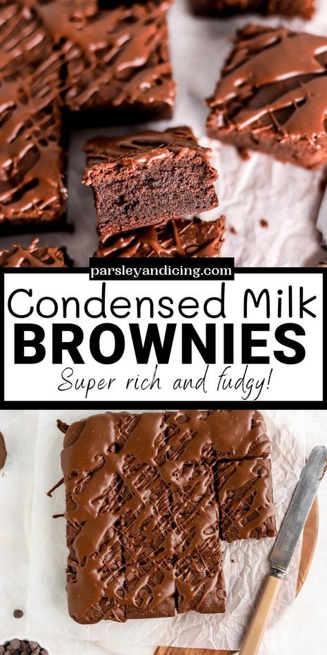 These sweetened condensed milk brownies are super rich and fudgy. Condensed milk makes these brownies extra moist and delicious! They’re topped with an easy condensed milk hot fudge sauce! Chocolate And Condensed Milk Recipes, Box Brownies With Sweetened Condensed Milk, Brownies With Sweetened Condensed Milk, Brownie Variations, Recipes With Condensed Milk, Condensed Milk Recipes Easy, Condensed Milk Brownies, Condensed Milk Desserts, Sweet Slices