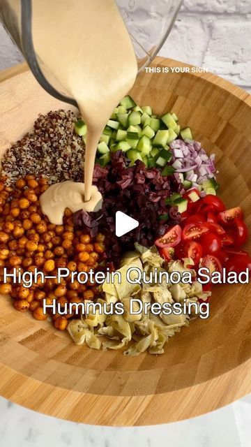 Nisha Melvani on Instagram: "🤗Start adding quinoa to your salads @cookingforpeanuts and make this high-protein quinoa chickpea salad! It’s gluten-free and takes just 15 minutes! You’ll be happy you made it☺️. 
✅Serves 3 to 4
✅Ingredients:
Cooked or dry quinoa 
Canned or cooked chickpeas
✅OPTIONAL For roasting the chickpeas olive oil
paprika
garlic powder 
chipotle powder
salt to taste
✅For the salad:
cucumber 
grape or cherry tomatoes
red onion
pitted Kalamata olives
jar marinated quartered artichoke hearts
baby arugula
✅For the hummus dressing:
hummus
red wine vinegar
lemon juice
✅Full recipe in 🔗 at top in my b1o. Or find by googlin’ cookingforpeanuts Easy Arugula Chickpea Quinoa Salad.
#quinoasalad #chickpeasalad #chickpeas #quinoa #healthysalad #vegansalad #salad #hummus #veganrecipe Salad With Hummus, Hummus Dressing, Chipotle Powder, Baby Arugula, Healthy Bowls, Vegan Salad, Kalamata Olives, Mediterranean Diet Recipes, Quinoa Salad