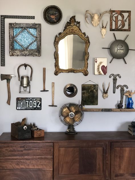 Gallery Wall Industrial, Masculine Collage Wall, Modern Eclectic Gallery Wall, Hanging Antiques On Wall, Mixed Media Gallery Wall Bedroom, How To Display Old Tools On Wall, Mixed Media Gallery Wall, Steampunk Gallery Wall, Western Art Gallery Wall