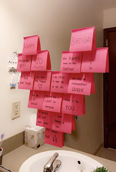 Vday Room Set Up, Decorating Room For Valentines Day, Birthday Sticky Notes Ideas, Birthday Dorm Room Surprise, Boyfriend Room Decoration Birthday, Room Surprise For Girlfriend, Sticky Note Heart On Mirror, Heart Sticky Notes On Mirror, Decorated Room For Boyfriend