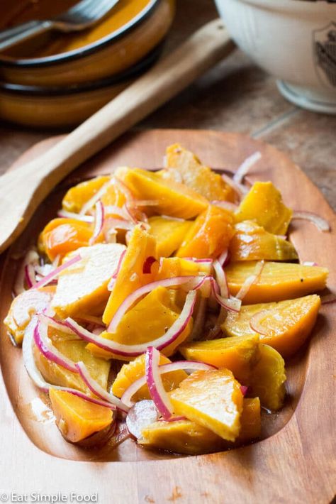 This easy oven roasted golden (yellow / orange) beet recipe is quick pickled with white wine vinegar and is one of my all time favorite side dishes.  It's mild, sweet, vibrant, and tangy. #eatsimplefood #vegetarian #vegan #glutenfree #paleo #whole30 White Beets Recipes, Yellow Beets Recipe, Pickled Golden Beets, Roasted Yellow Beets, Golden Beets Recipe, Beats Recipe, Roasted Golden Beets, Yellow Beets, Beets Recipe