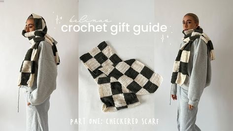 checkered CROCHET SCARF tutorial - GIFT GUIDE 01 Checkered Crochet Scarf Pattern, Crochet Scarf Squares, Crochet Checkered Scarf Free Pattern, Crochet Scarf Checkered, Knit Checkerboard Pattern, Crochet Scarf Black And White, Crochet Scarf Free Patterns, Winter Crochet Scarf, Checkered Sweater Crochet