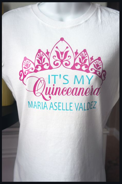 Custom Quinceanera t-shirt for her to wear on her special day.  Great unique gift to make her day even more memorable. http://www.justforyouvinyl.com/religious/ Quinceanera Tshirts, Quinceanera Shirts, Quinceañera Purple, Quince Shirts, Simple Quinceanera Dresses, Surprise Dance Outfits, Marco Selfie, Xv Ideas, Birthday Dance