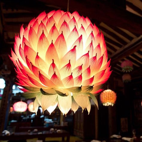 Lotus lantern from a restaurant in Seoul Diwali Lanterns Ideas, Diwali Kandil Ideas, Lantern Making Ideas For Diwali, Akash Kandil Ideas, Diwali Lanterns Diy How To Make, Lantern Design Ideas, Lantern Diwali, Diy Diwali Lanterns, Korean Vegetarian