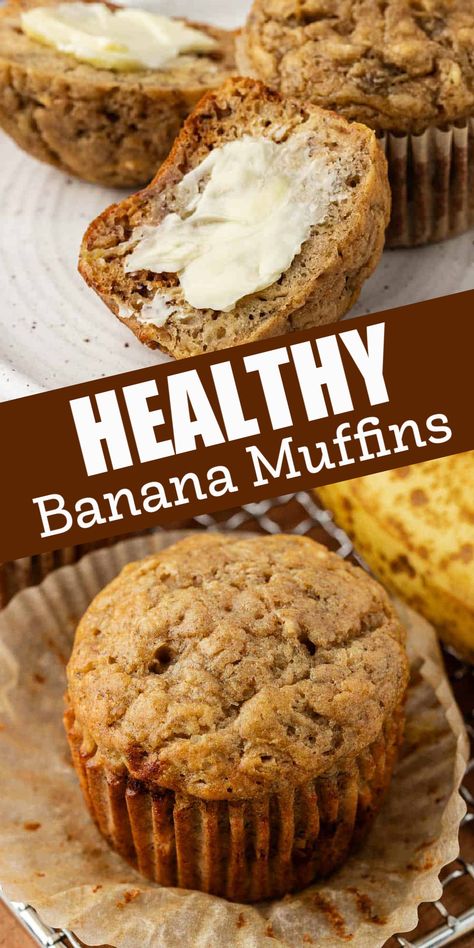 These Healthy Banana Muffins are made with half the butter and naturally sweetened with pure maple syrup! Banana Muffins With Maple Syrup, Banana Muffins Maple Syrup, Banana Spice Muffins, Banana Walnut Muffins Healthy, Healthy Banana Muffins Recipe, Healthy Banana Nut Muffins, Banana Nut Muffins Healthy, Banana Muffin Recipe Healthy, Greek Yogurt Blueberry Muffins