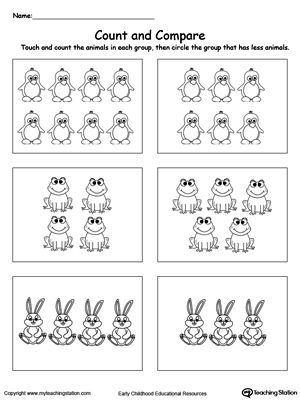 Practice counting and number recognition with the Count and Compare Animals printable worksheet. Help your preschooler learn counting numbers and identifying which number is greater/less to. Comparing Groups Of Objects Kindergarten, Kindergarten Math Worksheets Counting, Animals Worksheet, Number Recognition Worksheets, Math Homework Help, Animals Printable, Animal Worksheets, Preschool Math Worksheets, Kids Worksheets Preschool