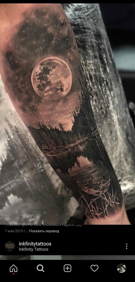 Forest Chest Tattoo Men, Tattoo Ideas Female Sleeve Nature, Dark Forrest Tattoo Ideas, Wood Sleeve Tattoo, Forest Tattoo Ideas For Men, Realistic Landscape Tattoo, Storm Tattoos For Guys, Mountains And Forest Tattoo, Night Sky Half Sleeve Tattoo