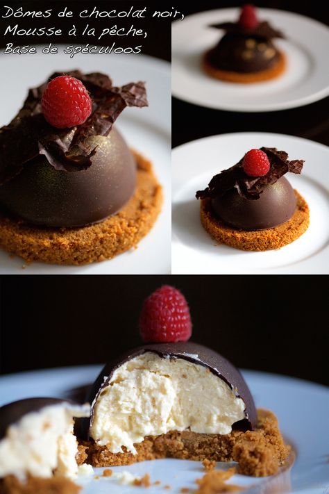 Dômes de chocolat noir, mousse à la pêche et spéculoos | Cuisine en Scène, le blog cuisine de Lucie Barthélémy - CotéMaison.fr Dessert Bar Party, Fancy Desserts, Specialty Cakes, Plated Desserts, Mini Desserts, Mini Cakes, Christmas Desserts, Sweet Recipes, Christmas Food