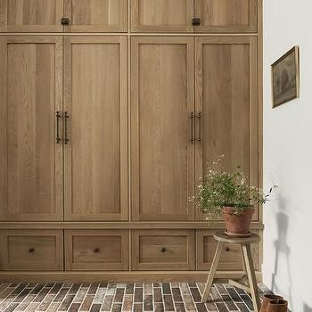 Brown Wooden Mudroom Lockers with Shoe Drawers - Transitional - Laundry Room White Oak Mudroom Cabinets, Mushroom Lockers, Walnut Mudroom, Mudroom Lockers With Doors, Lockers Design, Shoe Drawers, Transitional Laundry Room, Mudroom Cubbies, Wood Lockers